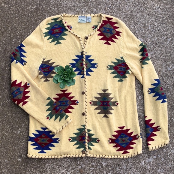 Vintage Cottagecore Grandmacore Hand Embroidered Aztec Knitted Cardigan Sweater - Picture 1 of 9